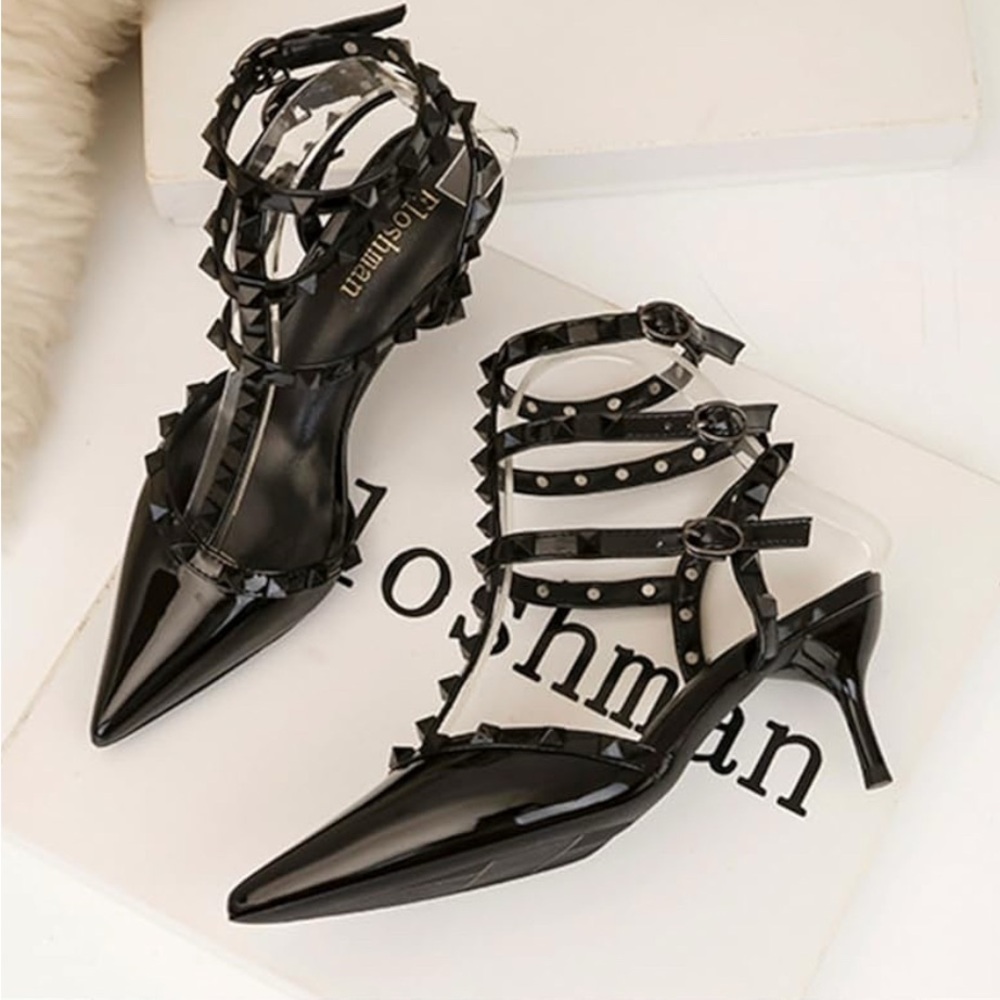 Black Patent Studded kitten heels w three ankle straps - size 7 1/2 - NWT!